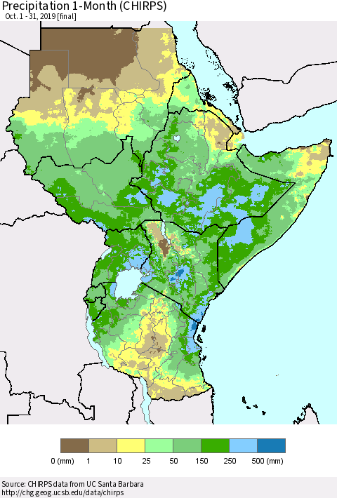 Eastern Africa Precipitation 1-Month (CHIRPS) Thematic Map For 10/1/2019 - 10/31/2019