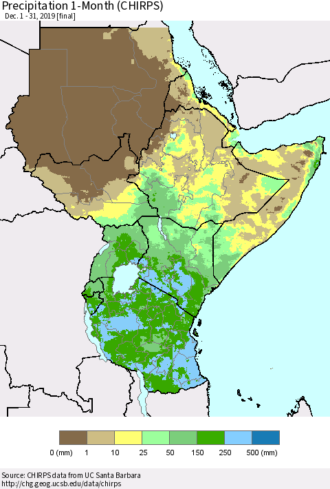 Eastern Africa Precipitation 1-Month (CHIRPS) Thematic Map For 12/1/2019 - 12/31/2019