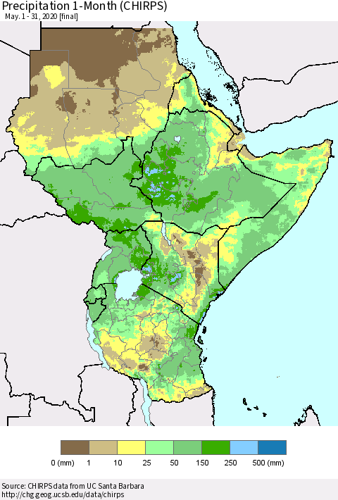 Eastern Africa Precipitation 1-Month (CHIRPS) Thematic Map For 5/1/2020 - 5/31/2020