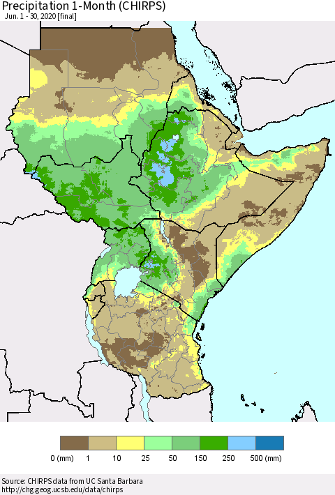 Eastern Africa Precipitation 1-Month (CHIRPS) Thematic Map For 6/1/2020 - 6/30/2020