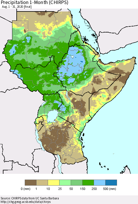 Eastern Africa Precipitation 1-Month (CHIRPS) Thematic Map For 8/1/2020 - 8/31/2020