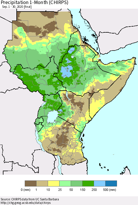 Eastern Africa Precipitation 1-Month (CHIRPS) Thematic Map For 9/1/2020 - 9/30/2020
