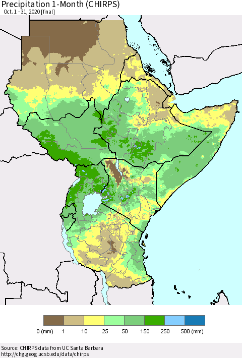 Eastern Africa Precipitation 1-Month (CHIRPS) Thematic Map For 10/1/2020 - 10/31/2020