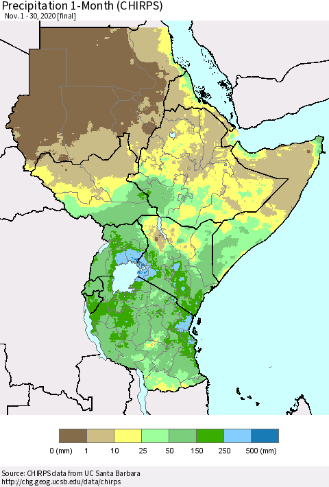 Eastern Africa Precipitation 1-Month (CHIRPS) Thematic Map For 11/1/2020 - 11/30/2020