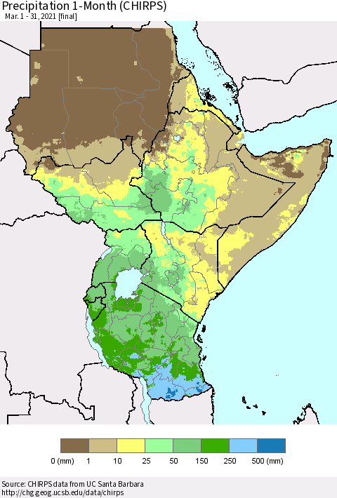 Eastern Africa Precipitation 1-Month (CHIRPS) Thematic Map For 3/1/2021 - 3/31/2021