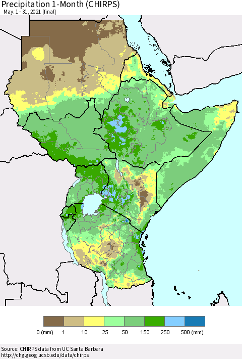 Eastern Africa Precipitation 1-Month (CHIRPS) Thematic Map For 5/1/2021 - 5/31/2021