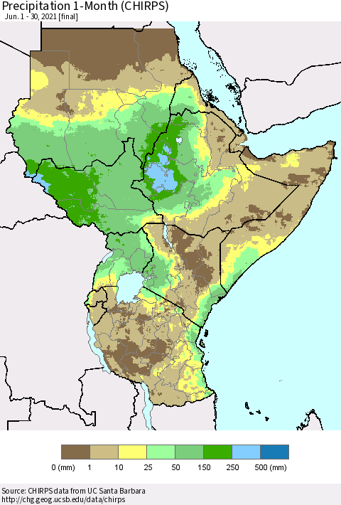 Eastern Africa Precipitation 1-Month (CHIRPS) Thematic Map For 6/1/2021 - 6/30/2021
