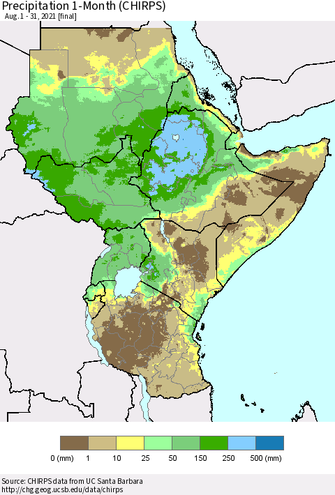 Eastern Africa Precipitation 1-Month (CHIRPS) Thematic Map For 8/1/2021 - 8/31/2021
