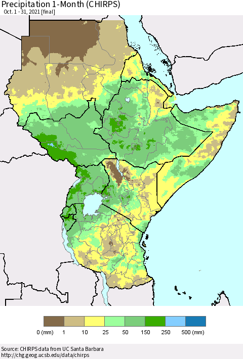 Eastern Africa Precipitation 1-Month (CHIRPS) Thematic Map For 10/1/2021 - 10/31/2021