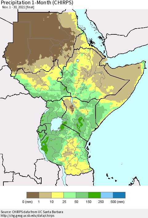 Eastern Africa Precipitation 1-Month (CHIRPS) Thematic Map For 11/1/2021 - 11/30/2021