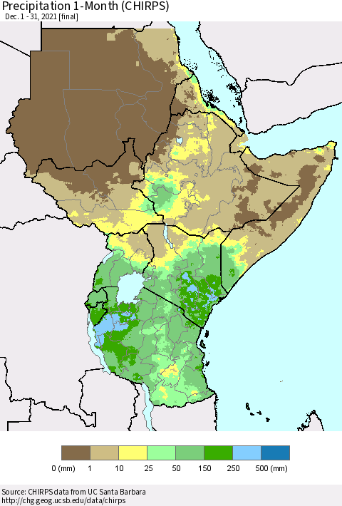 Eastern Africa Precipitation 1-Month (CHIRPS) Thematic Map For 12/1/2021 - 12/31/2021