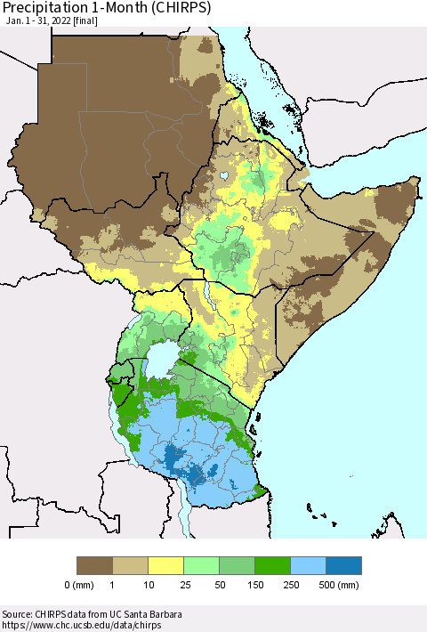 Eastern Africa Precipitation 1-Month (CHIRPS) Thematic Map For 1/1/2022 - 1/31/2022