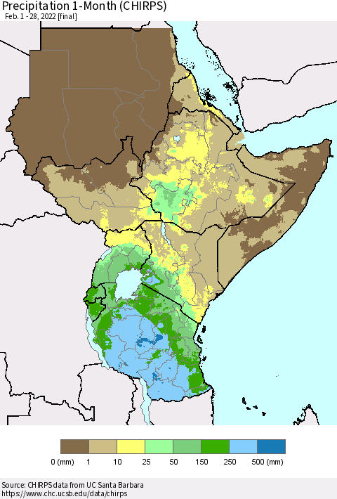 Eastern Africa Precipitation 1-Month (CHIRPS) Thematic Map For 2/1/2022 - 2/28/2022