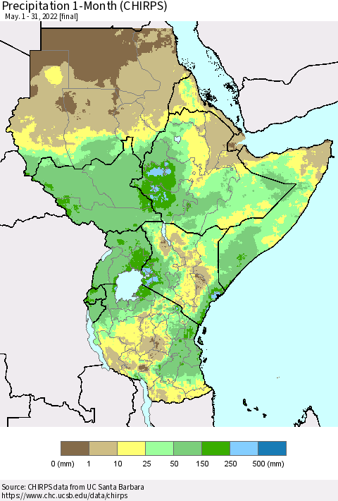 Eastern Africa Precipitation 1-Month (CHIRPS) Thematic Map For 5/1/2022 - 5/31/2022