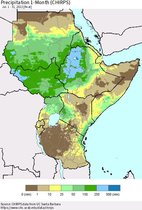 Eastern Africa Precipitation 1-Month (CHIRPS) Thematic Map For 7/1/2022 - 7/31/2022