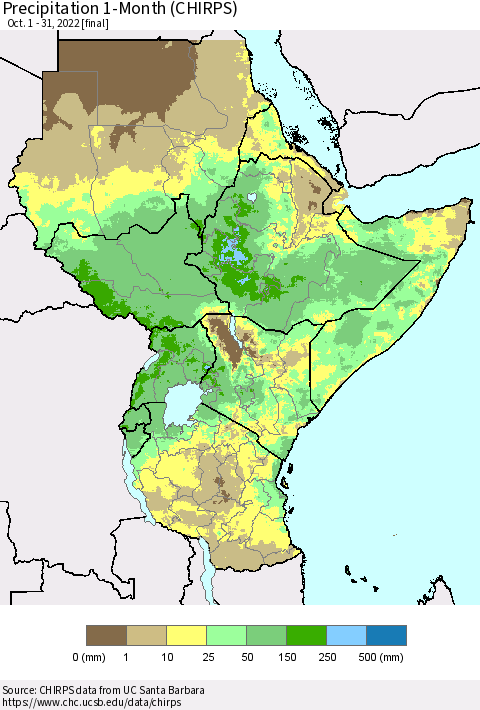Eastern Africa Precipitation 1-Month (CHIRPS) Thematic Map For 10/1/2022 - 10/31/2022