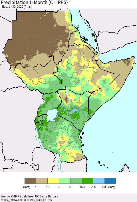 Eastern Africa Precipitation 1-Month (CHIRPS) Thematic Map For 11/1/2022 - 11/30/2022