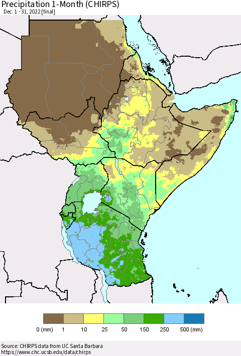 Eastern Africa Precipitation 1-Month (CHIRPS) Thematic Map For 12/1/2022 - 12/31/2022