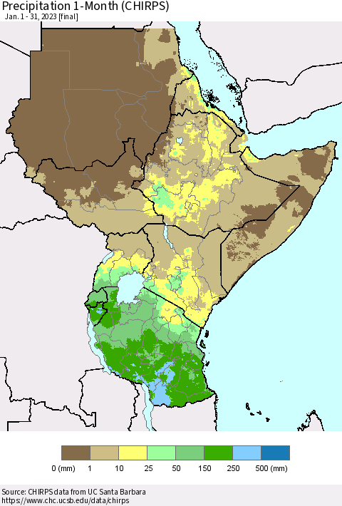 Eastern Africa Precipitation 1-Month (CHIRPS) Thematic Map For 1/1/2023 - 1/31/2023
