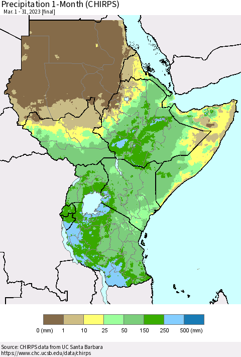 Eastern Africa Precipitation 1-Month (CHIRPS) Thematic Map For 3/1/2023 - 3/31/2023