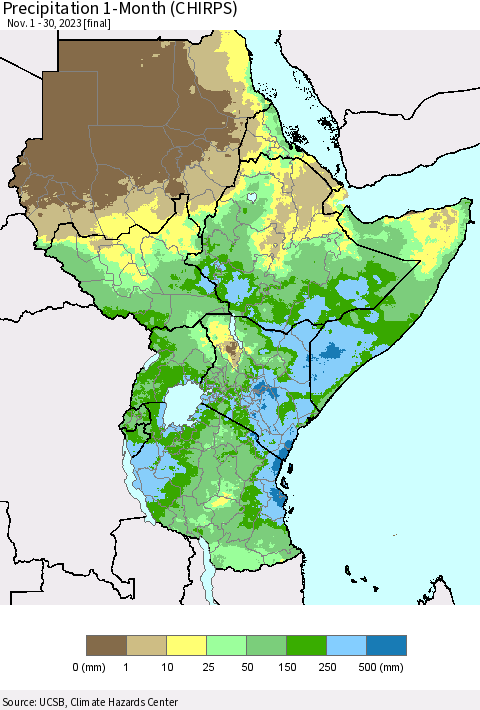 Eastern Africa Precipitation 1-Month (CHIRPS) Thematic Map For 11/1/2023 - 11/30/2023