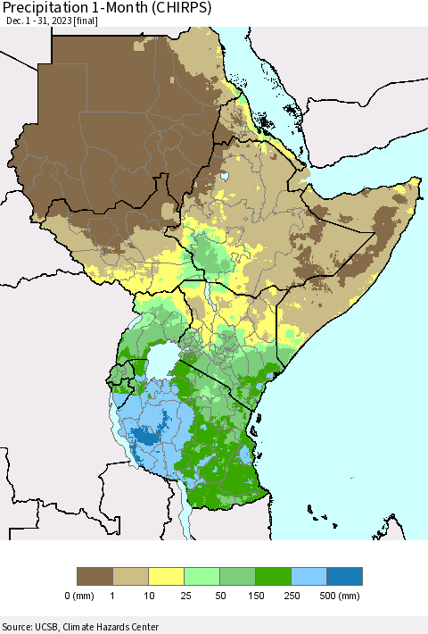 Eastern Africa Precipitation 1-Month (CHIRPS) Thematic Map For 12/1/2023 - 12/31/2023