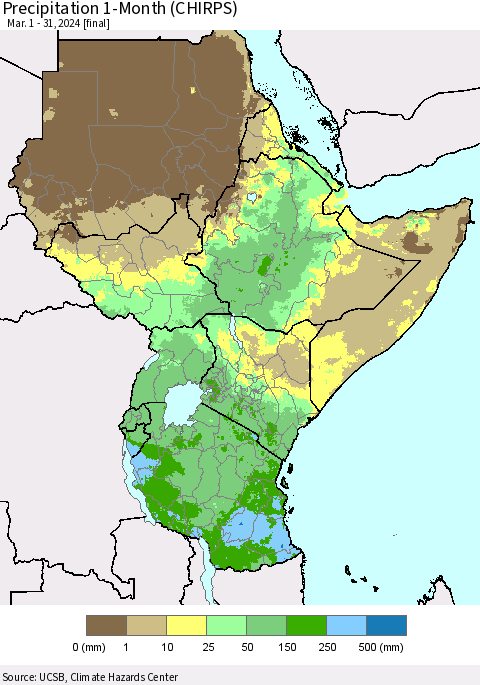 Eastern Africa Precipitation 1-Month (CHIRPS) Thematic Map For 3/1/2024 - 3/31/2024