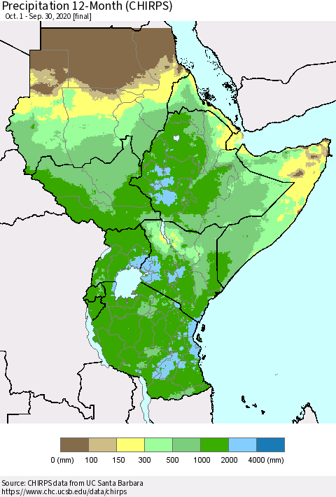 Eastern Africa Precipitation 12-Month (CHIRPS) Thematic Map For 10/1/2019 - 9/30/2020