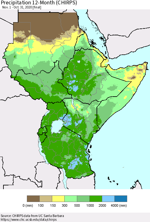 Eastern Africa Precipitation 12-Month (CHIRPS) Thematic Map For 11/1/2019 - 10/31/2020