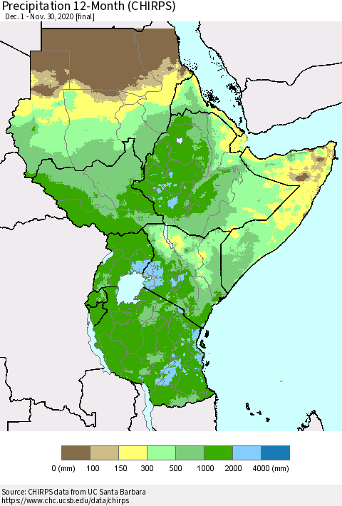 Eastern Africa Precipitation 12-Month (CHIRPS) Thematic Map For 12/1/2019 - 11/30/2020
