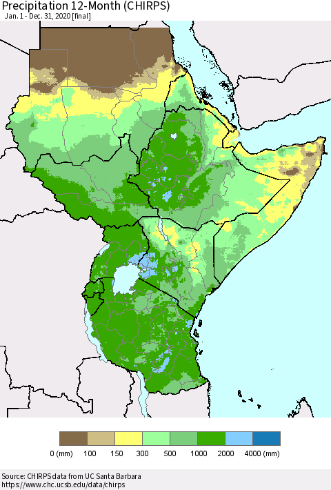 Eastern Africa Precipitation 12-Month (CHIRPS) Thematic Map For 1/1/2020 - 12/31/2020