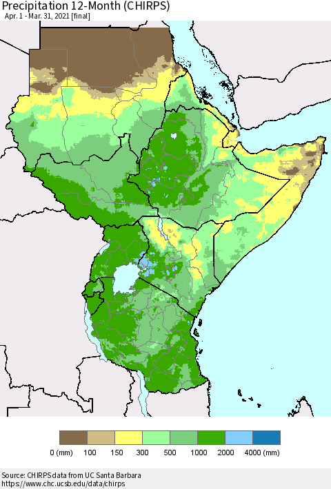 Eastern Africa Precipitation 12-Month (CHIRPS) Thematic Map For 4/1/2020 - 3/31/2021