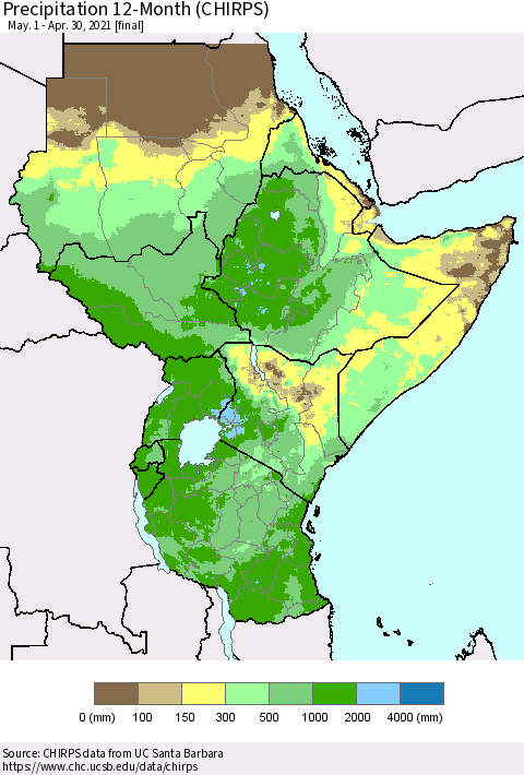 Eastern Africa Precipitation 12-Month (CHIRPS) Thematic Map For 5/1/2020 - 4/30/2021
