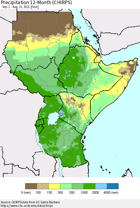 Eastern Africa Precipitation 12-Month (CHIRPS) Thematic Map For 9/1/2020 - 8/31/2021