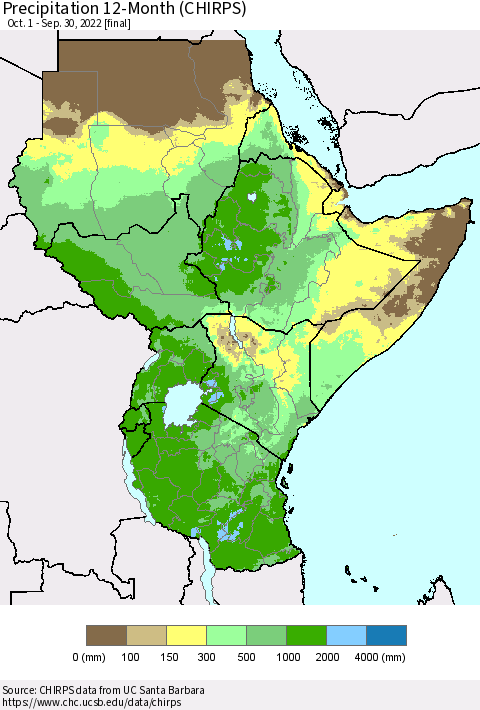 Eastern Africa Precipitation 12-Month (CHIRPS) Thematic Map For 10/1/2021 - 9/30/2022