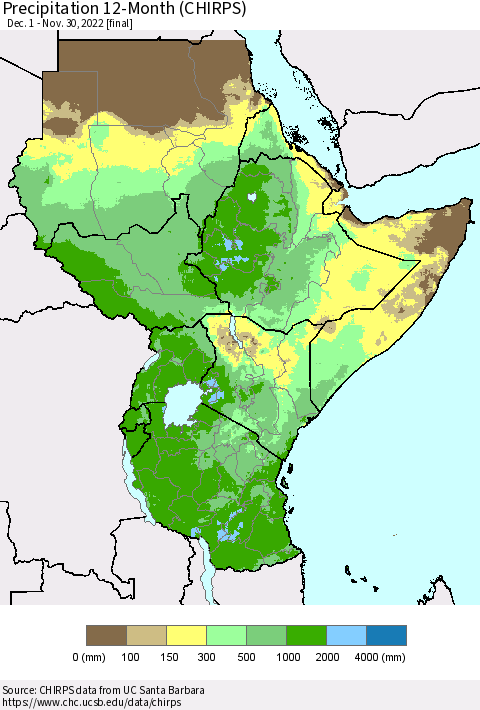 Eastern Africa Precipitation 12-Month (CHIRPS) Thematic Map For 12/1/2021 - 11/30/2022