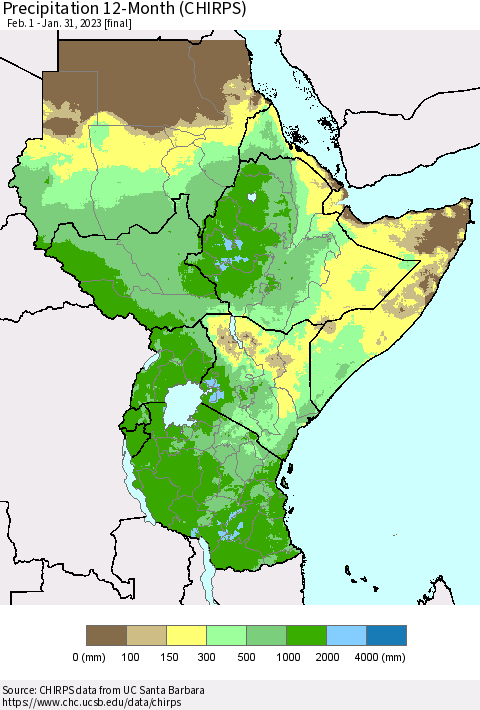 Eastern Africa Precipitation 12-Month (CHIRPS) Thematic Map For 2/1/2022 - 1/31/2023