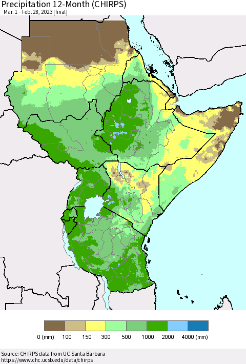 Eastern Africa Precipitation 12-Month (CHIRPS) Thematic Map For 3/1/2022 - 2/28/2023