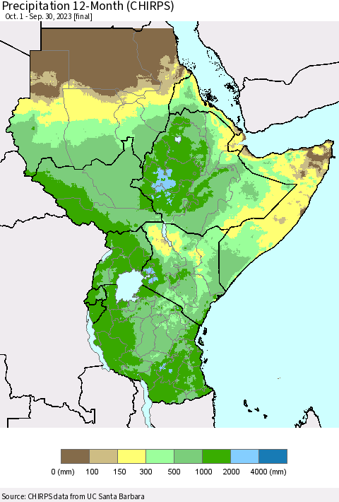 Eastern Africa Precipitation 12-Month (CHIRPS) Thematic Map For 10/1/2022 - 9/30/2023