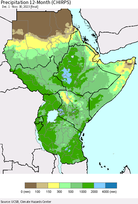 Eastern Africa Precipitation 12-Month (CHIRPS) Thematic Map For 12/1/2022 - 11/30/2023