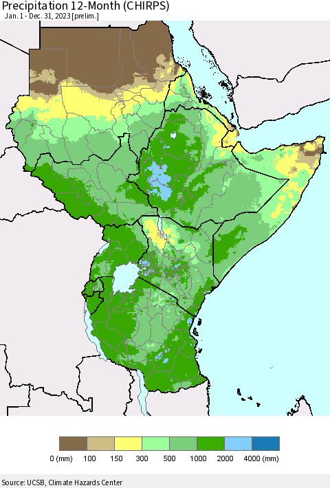 Eastern Africa Precipitation 12-Month (CHIRPS) Thematic Map For 1/1/2023 - 12/31/2023