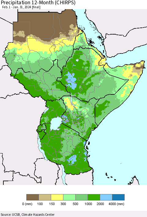 Eastern Africa Precipitation 12-Month (CHIRPS) Thematic Map For 2/1/2023 - 1/31/2024