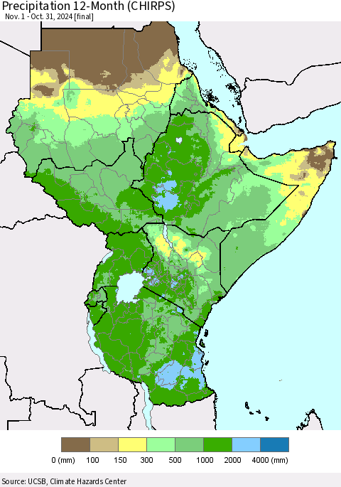 Eastern Africa Precipitation 12-Month (CHIRPS) Thematic Map For 11/1/2023 - 10/31/2024