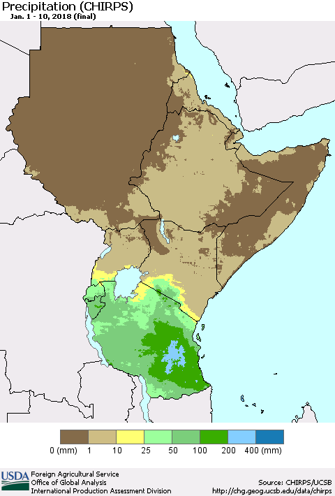 Eastern Africa Precipitation (CHIRPS) Thematic Map For 1/1/2018 - 1/10/2018