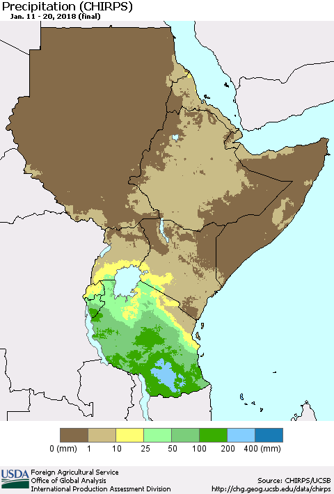 Eastern Africa Precipitation (CHIRPS) Thematic Map For 1/11/2018 - 1/20/2018