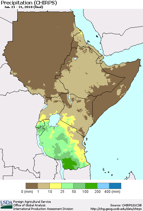 Eastern Africa Precipitation (CHIRPS) Thematic Map For 1/21/2018 - 1/31/2018