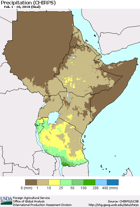 Eastern Africa Precipitation (CHIRPS) Thematic Map For 2/1/2018 - 2/10/2018