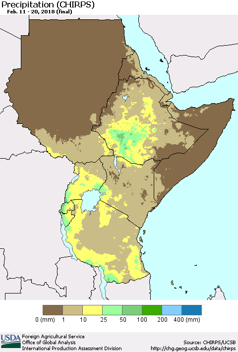 Eastern Africa Precipitation (CHIRPS) Thematic Map For 2/11/2018 - 2/20/2018