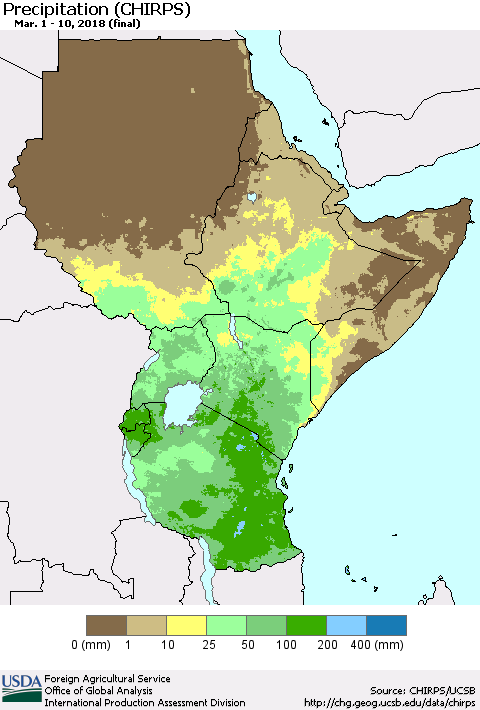 Eastern Africa Precipitation (CHIRPS) Thematic Map For 3/1/2018 - 3/10/2018