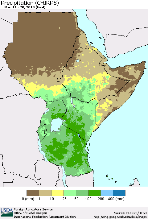 Eastern Africa Precipitation (CHIRPS) Thematic Map For 3/11/2018 - 3/20/2018